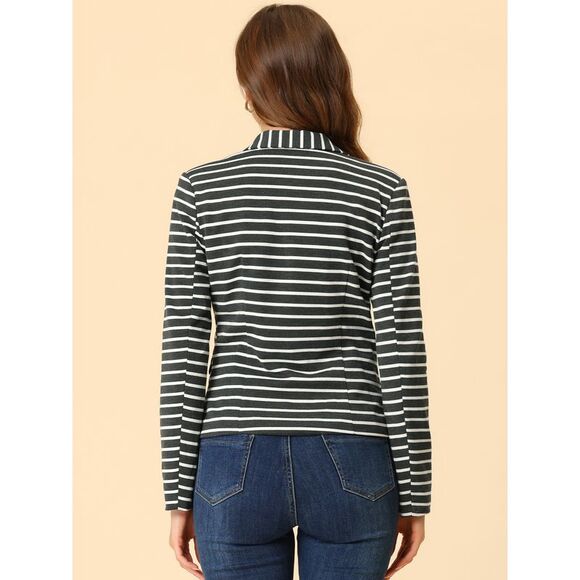 Notched Lapel Pocket Button Closure Striped Blazer Grey White - Picture 4 of 6